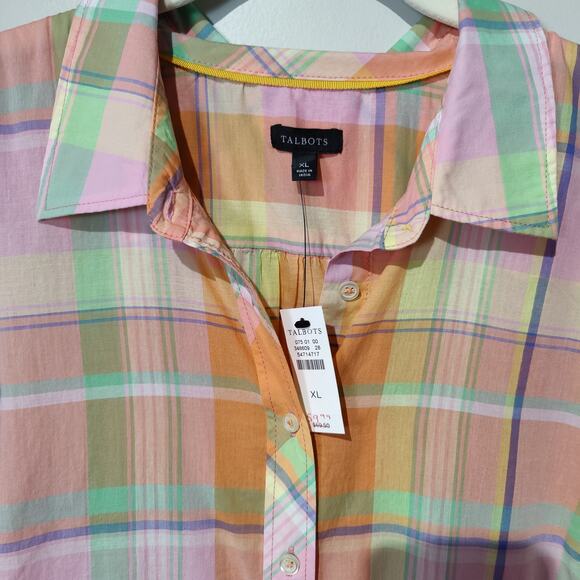NWT Talbots Women's Sz XL Peach Pastel Plaid Button Up Shirt Lightweight Spring - Picture 2 of 4